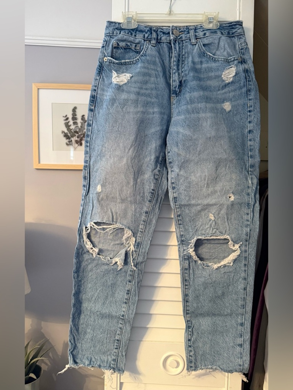 Garage Distressed Light Wash Blue Jeans - Ripped Knee Detail